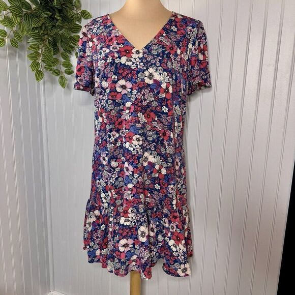 BCBG Paris Sz L Retro Floral Short Ruffle Short Dress V-Neck Lined Romantic Chic - Picture 3 of 16